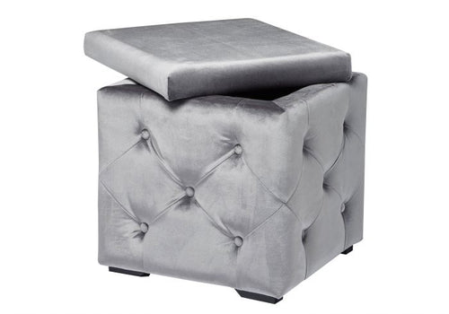 Plush velvet buttoned storage stool silver