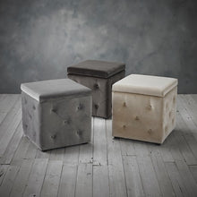 Load image into Gallery viewer, Plush velvet buttoned storage stool Beige